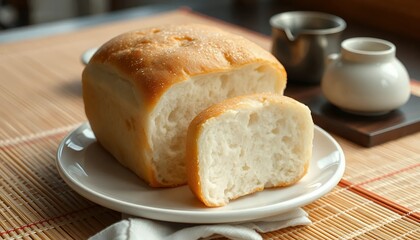 Obraz premium Close Up of Shokupan Japanese Milk Bread on a White Plate Featuring a Soft Crust and Fluffy Texture with Natural Lighting