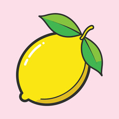 A Delightful Illustration of a Single Lemon with Vibrant Green Leaves on a Pink Background