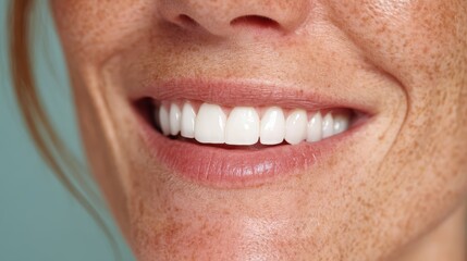 Woman with a gentle smile and white, healthy teeth, plain blue background, cropped portrait shot.