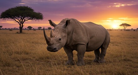 Fototapeta premium Rhino in African Landscape at Sunset
