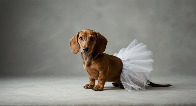 Minimalist photo of a small dachshund in a simple white tutu against a neutral background, adorable pet fashion moment