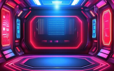 Obraz premium Futuristic corridor with vibrant neon lighting, detailed panels, and glowing tech displays