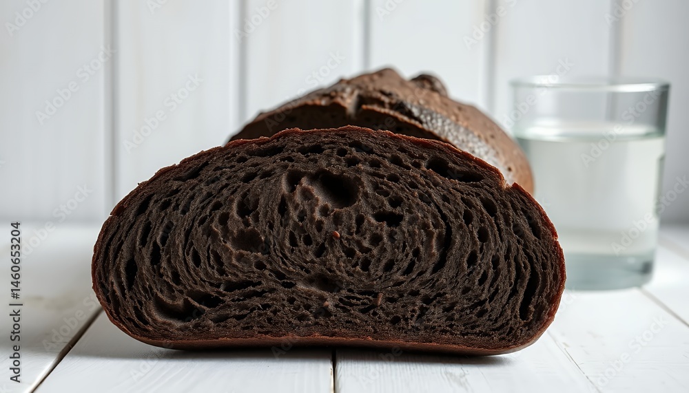 Poster dark rye bread slices displaying grain texture on white wooden table with water glass displaying den