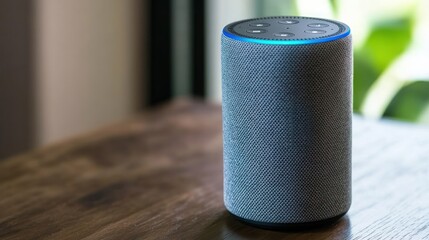 Smart speaker on wooden table, indoor, blurred background, technology