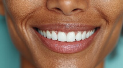 Close-up of woman is face with a smile showing white teeth, calm and soft expression with a plain blue background.