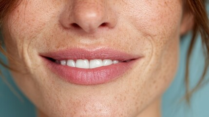 Fototapeta premium Close-up of woman is face with a smile showing white teeth, calm and soft expression with a plain blue background.