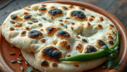 Delicious Tandoori Roti on Rustic Clay Plate with Green Chili Pepper and Seeds Baked Flatbreads on Wooden Table