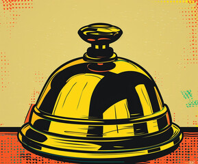 Vibrant pop art illustration of a classic hotel service bell with a retro comic style. Perfect for hospitality themes, posters, marketing, and editorial design.