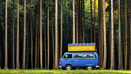 Blue camper van parked among tall evergreen trees