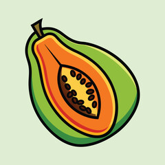 A vibrant illustration of a ripe papaya fruit cut in half showcasing its orange flesh and numerous black seeds inside a green outer skin