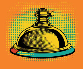 Bold comic-style illustration of a shiny reception bell on a dotted halftone background. Ideal for pop culture, hospitality branding, editorial covers, or merchandise.