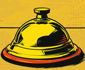 Bold comic-style illustration of a shiny reception bell on a dotted halftone background. Ideal for pop culture, hospitality branding, editorial covers, or merchandise.