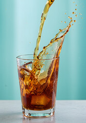 Refreshing iced tea splashing into glass emphasizing motion freshness