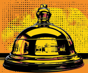 Modern pop-art depiction of a metallic hotel reception bell with bold colors and dotted background. Great for visual communication, signage, print design, and editorial use.