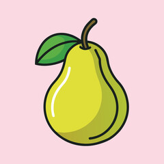 A Delicious Yellow Pear with Green Leaf Illustration Cartoon Style