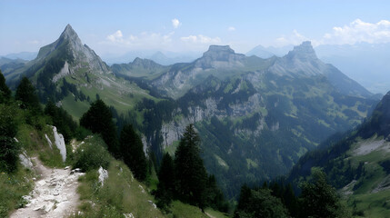 Obraz premium ridge trail with panoramic mountain views under blue sky
