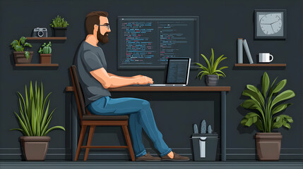 working in a minimalist office with plants and modern tech