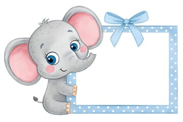 Obraz premium Cute Gray Elephant with Blue Eyes Holding Frame – Pastel Nursery Art for Kids Invitations 