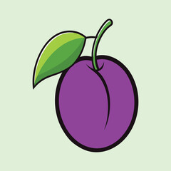 A Single Purple Plum with a Green Leaf Illustration
