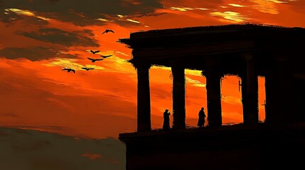Fototapeta premium Silhouette ancient structure sunset