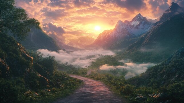 Serene mountain valley bathed in ethereal sunset light and tranquil pathway