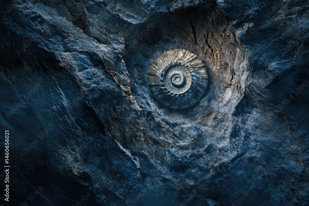 Poster a perfectly preserved ammonite fossil embedded within ancient, textured rock.