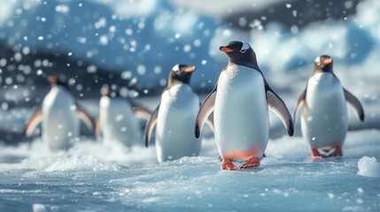Fototapeta premium Gentoo penguins amble across the glistening ice during a gentle snowfall