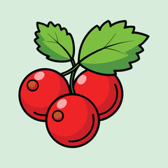 Cartoon Illustration of a Bunch of Red Cranberries with Green Leaves