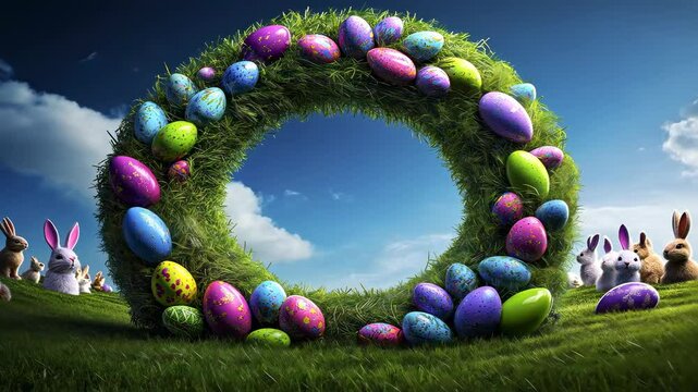 colorful easter egg wreath in a meadow with playful rabbits