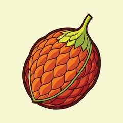 Vibrant Illustration of a Unique Tropical Fruit with Scaly Orange Rind and Green Stem