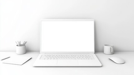Fototapeta premium Minimalist White Laptop Mockup Clean Desk Workspace Technology Office
