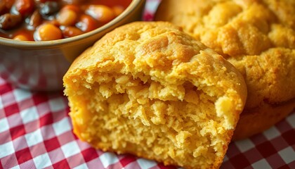 Golden Cornbread with Beans on Red Checkered Fabric Traditional American Cuisine Still Life Close Up