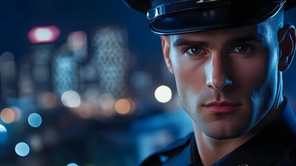Police Officer's Face in Uniform: Close-up of a police officer's face, serious and vigilant, with a cityscape in the background. 

