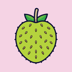 A vibrant illustration of a green cherimoya fruit with numerous dark brown seeds depicted in a cartoon style against a light pink background