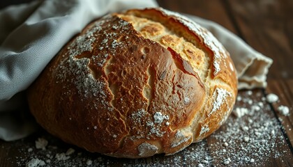 Golden Crust Sourdough Bread on Dark Wood Table with Flour and Linen Cloth Delicious Artisan Loaf From Europe and Homemade Food