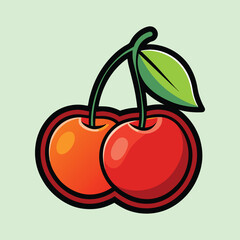 A Pair of Vibrant Red Cherries with a Lush Green Leaf Cartoon Illustration