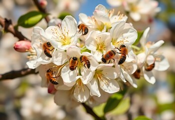 Obraz premium Busy bees gather nectar from delicate pear blossoms on a bright spring day, pollination, wildlife