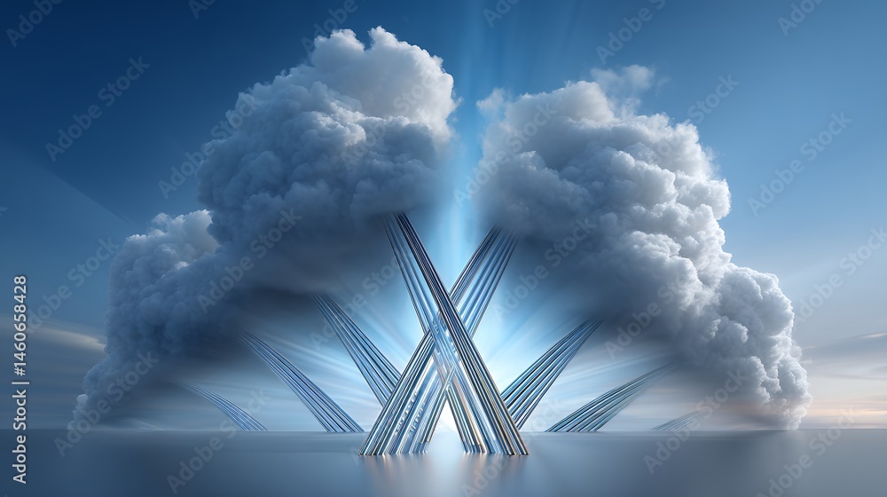 Poster abstract digital art geometric structure emerging from ocean cloudscape