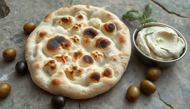 Golden Moroccan Batbout Bread Served with Creamy Hummus and Olives on Rustic Stone Surface