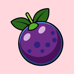 Cartoon Illustration of a Mangosteen Fruit with Vibrant Purple Skin and Green Leaves