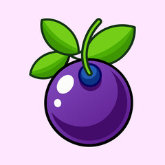 A Vibrant Cartoon Illustration of a Single Juicy Purple Blueberry with Green Leaves
