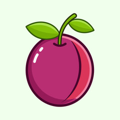 A Vibrant Illustration of a Single Ripe Plum with Green Leaves