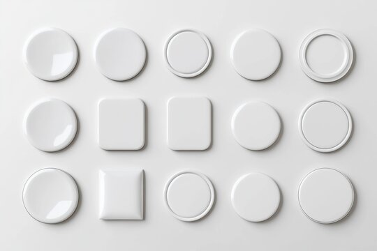 Collection of various white, flat, geometric shapes.  Different circles and squares.  3D render
