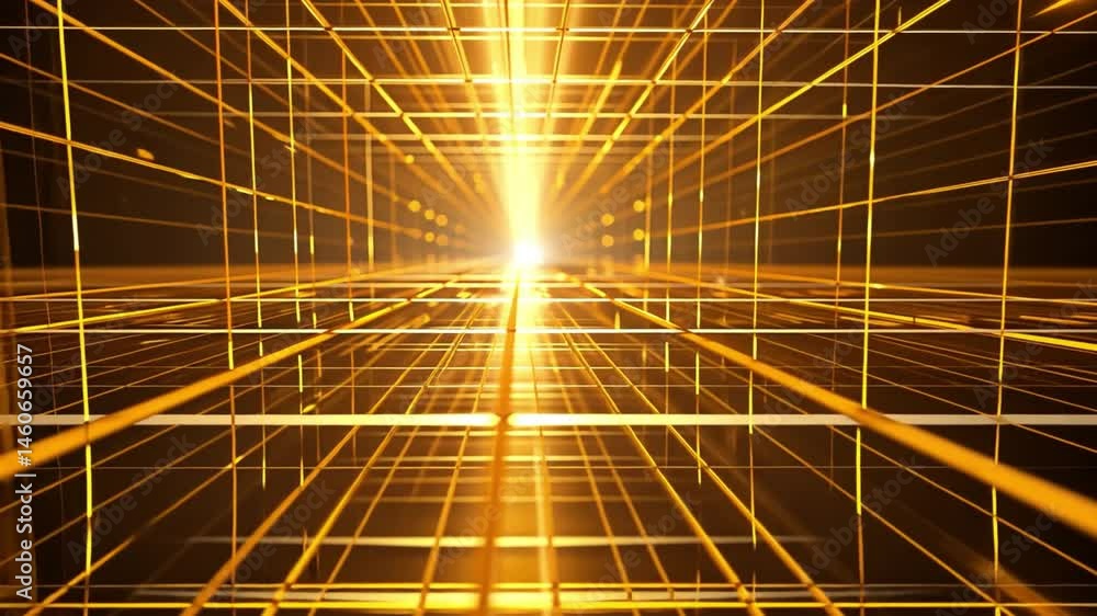 Poster vibrant abstract design of light beams and grid lines creating depth and energy, evoking technology 