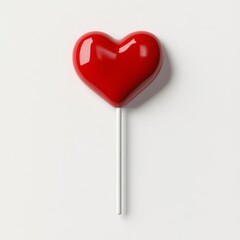 Red heart-shaped lollipop on a white stick.  Glossy, vibrant candy
