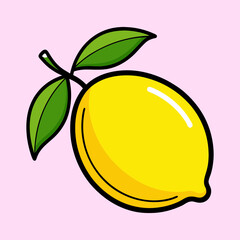 A Single Lemon with Green Leaves on Pink Background Cute Cartoon Illustration