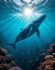 Whale Swimming Underwater with Sunlight and Coral Reef