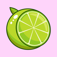 A vibrant illustration of a lime cut in half showing its juicy segments, with a refreshing green hue and a simple cartoon style, perfect for summer drinks and healthy recipes