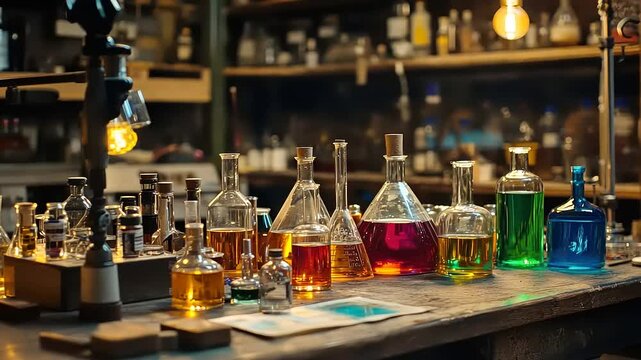 An assortment of colorful potion bottles in a vintage science lab setting