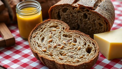 Hearty Rye Bread with Fresh Juice and Cheese on Checkered Cloth Rustic Still Life